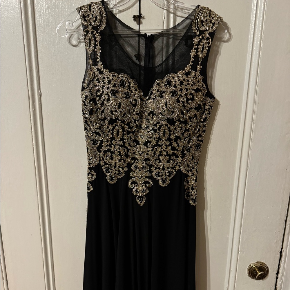 Black and Gold Evening Gown Formal Dress Embroidered Bodice Rhinestone MayQueen